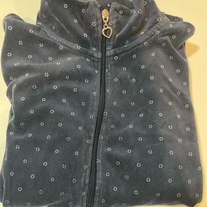 Navy Blue, Cute white flowers, collared, zipped sweater. Large. Heart Zipper